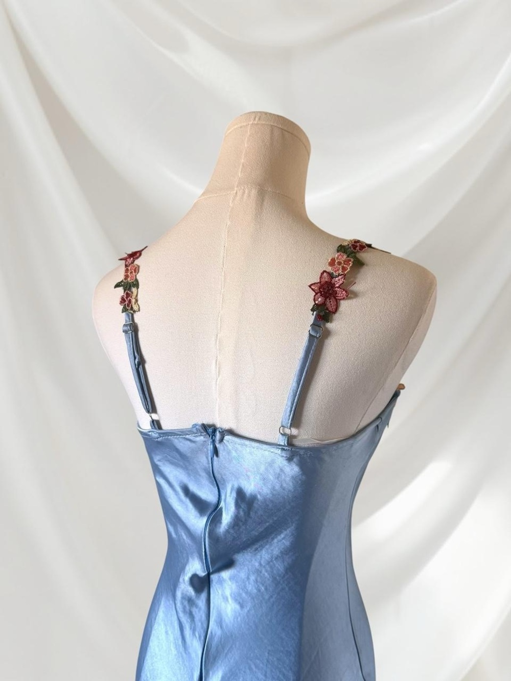 Floral Trim Satin Slip Dress in Light Blue - Picture 5 of 10